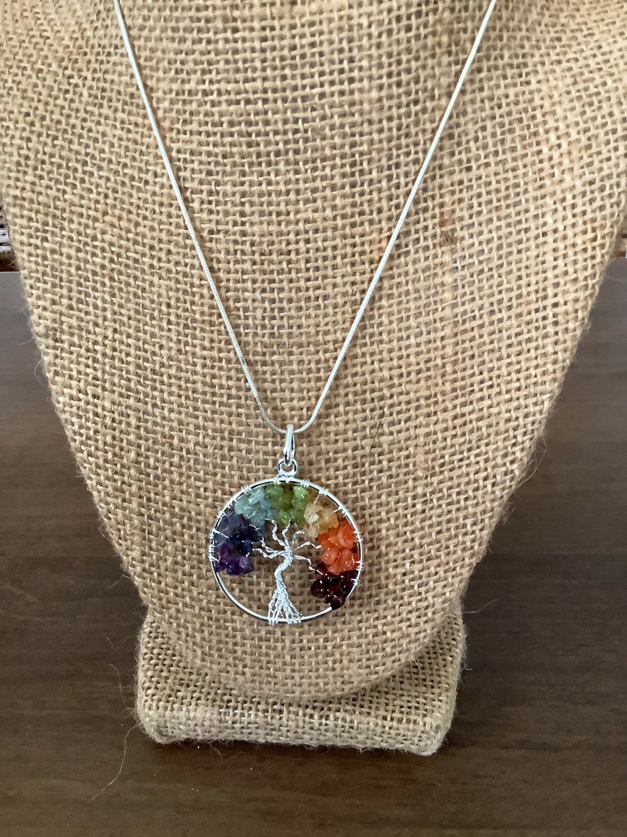 Chakra Stones Tree Of Life on 18 inch silver chain./Healing gemstones, chakra jewelry, chakra healing stones, chakra pendant.