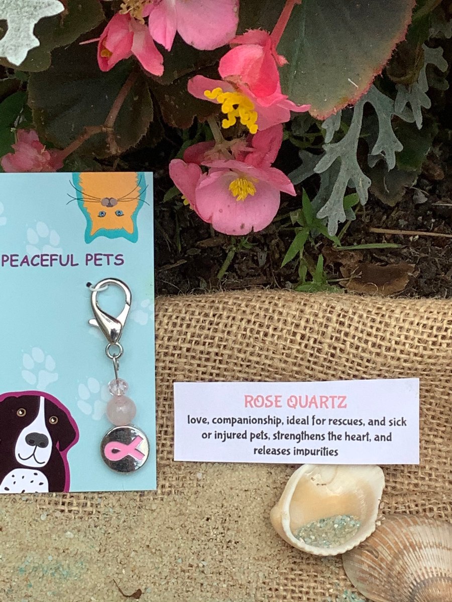 Rose Quartz healing gemstone pet collar charm.  Helps pet with love,and companionship. Ideal for rescues, and sick or injured animals.