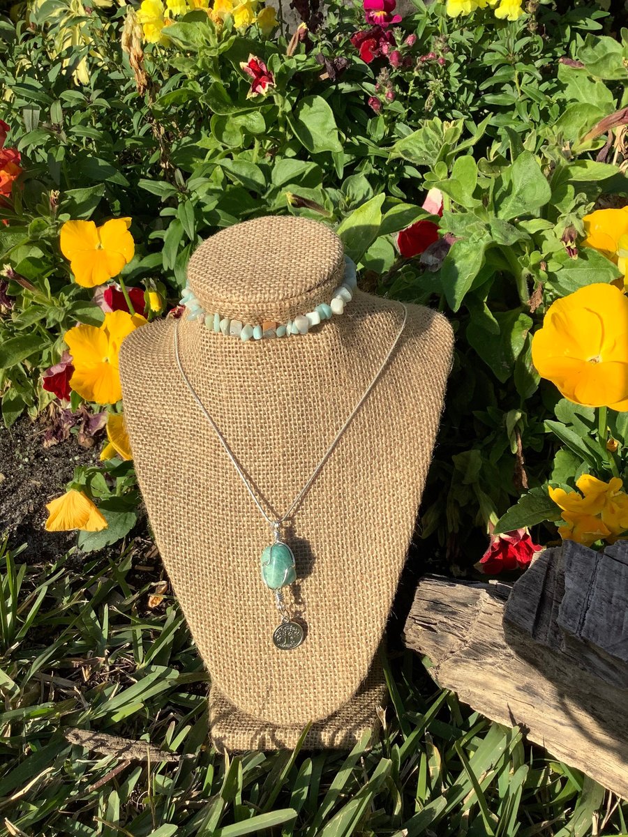 Amazonite healing gemstone necklace, pendant with matching Amazonite chip bracelet