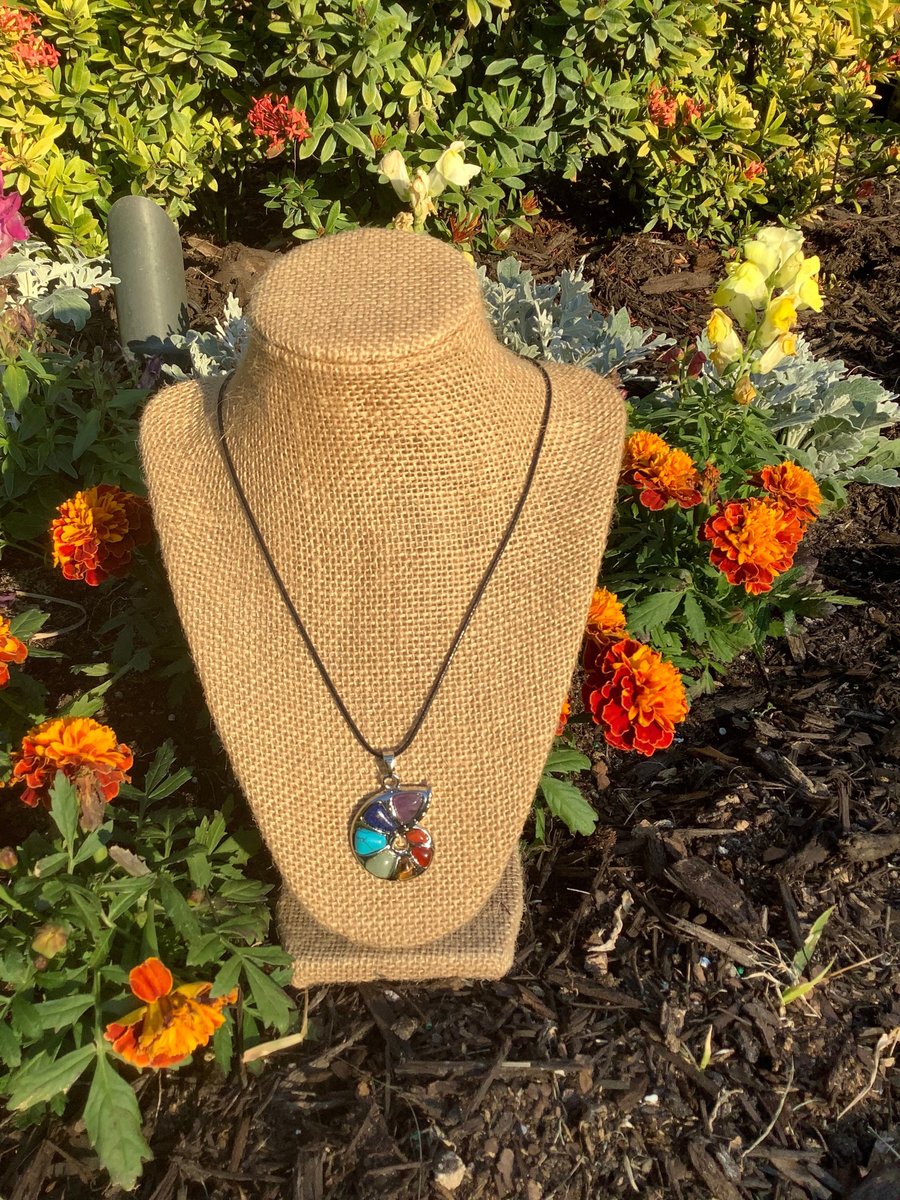 Healing chakra stone nautical shell necklace,pendant, with a 28” silver chain along with a 20-22” adjustable black cord.