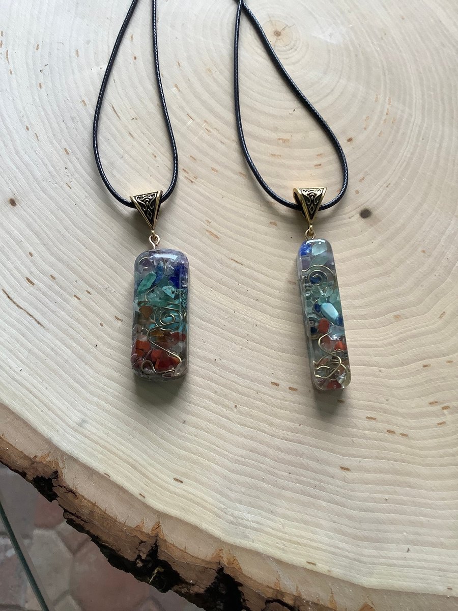 Healing chakra gemstone and orgone necklace, pendant. Meditation, and spiritual, Car mobile protector.