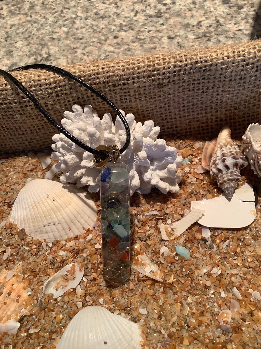 Healing chakra gemstone and orgone necklace, pendant. Meditation, and spiritual, Car mobile protector.