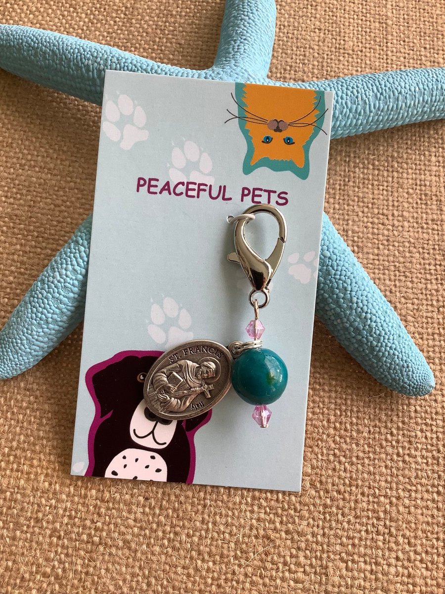 Healing pet charm for collar,Chrysocolla gemstone and St. Francis of Assisi charm, pet collar charm, purse pull,zipper pull.