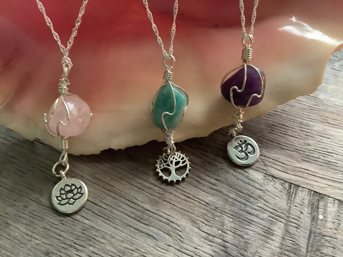 Healing Gemstone Necklace - Amethyst, Amazonite, or Rose Quartz with Lotus, Om & Tree Of Life Charm