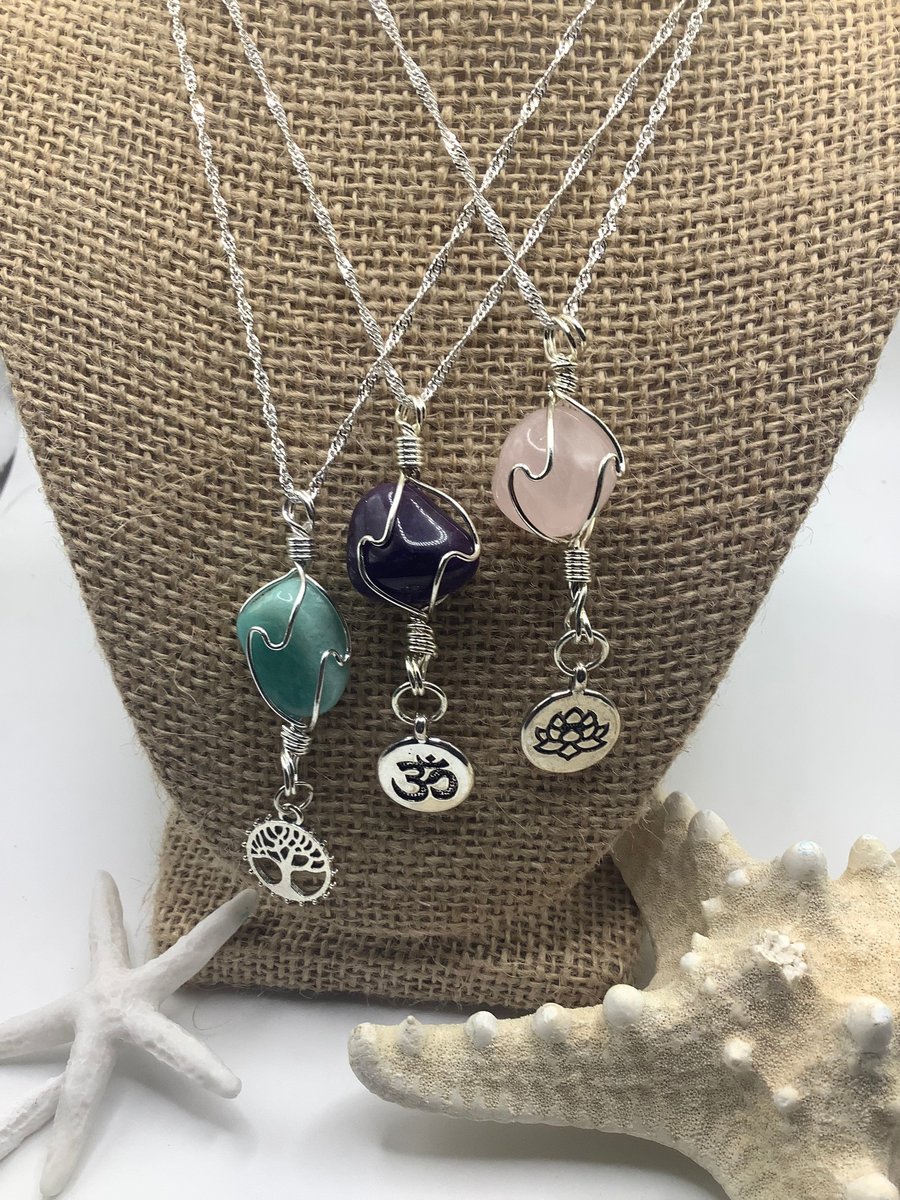 Healing Gemstone Necklace - Amethyst, Amazonite, or Rose Quartz with Lotus, Om & Tree Of Life Charm