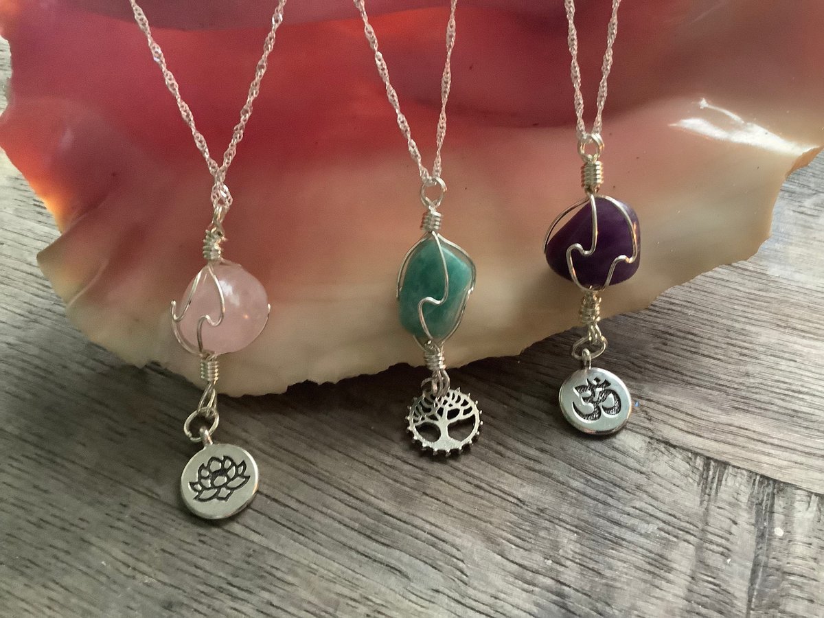 Healing Gemstone Necklace - Amethyst, Amazonite, or Rose Quartz with Lotus, Om & Tree Of Life Charm