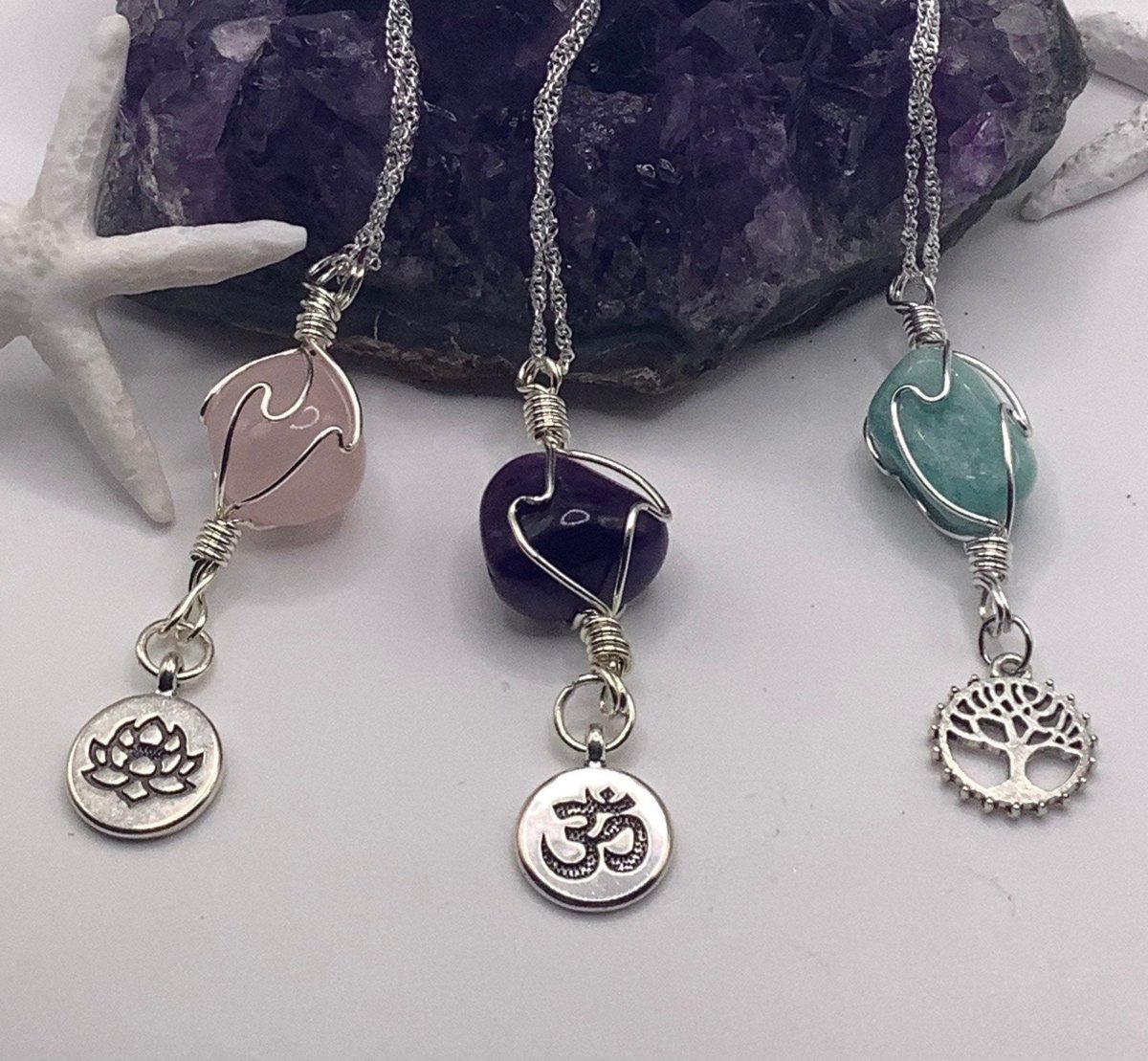 Healing Gemstone Necklace - Amethyst, Amazonite, or Rose Quartz with Lotus, Om & Tree Of Life Charm