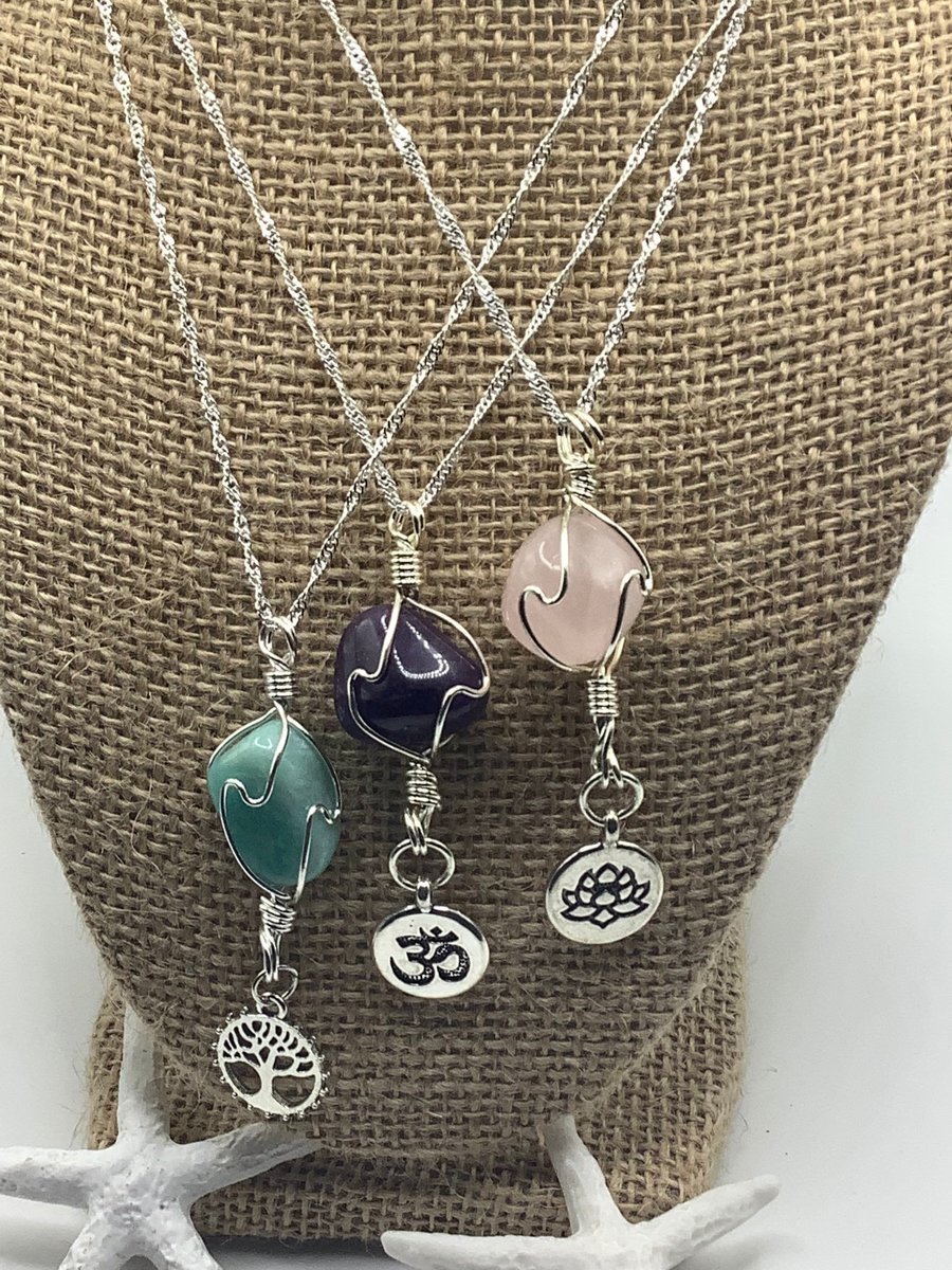 Healing Gemstone Necklace - Amethyst, Amazonite, or Rose Quartz with Lotus, Om & Tree Of Life Charm