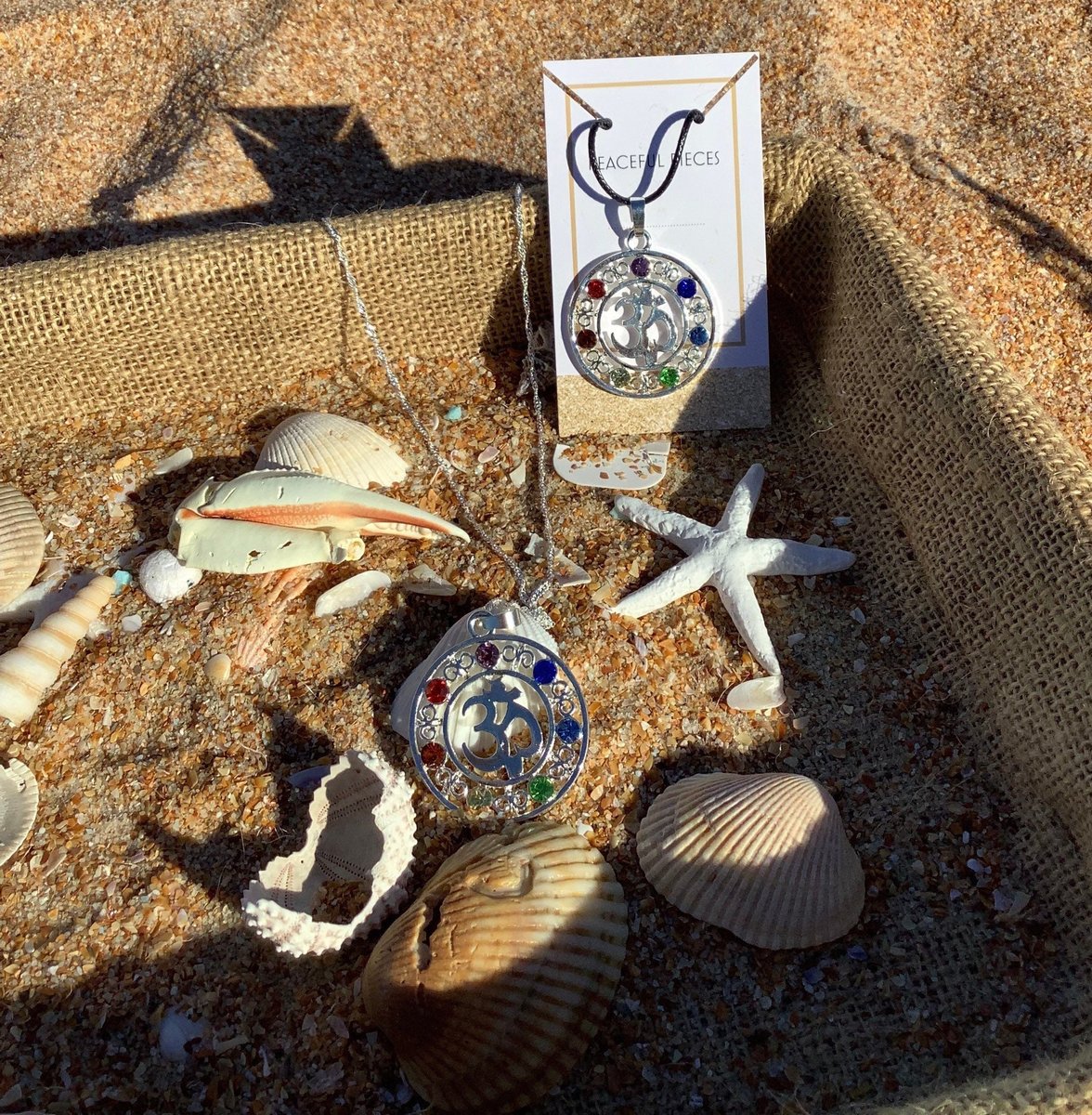 Om pendant with classy chakra rhinestones. Yoga necklace, yoga pendant.