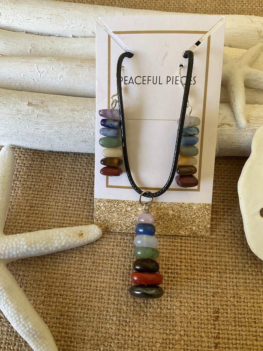 Chakra healing gemstone necklace and earring set. Chakra Balancing Jewelry Set.