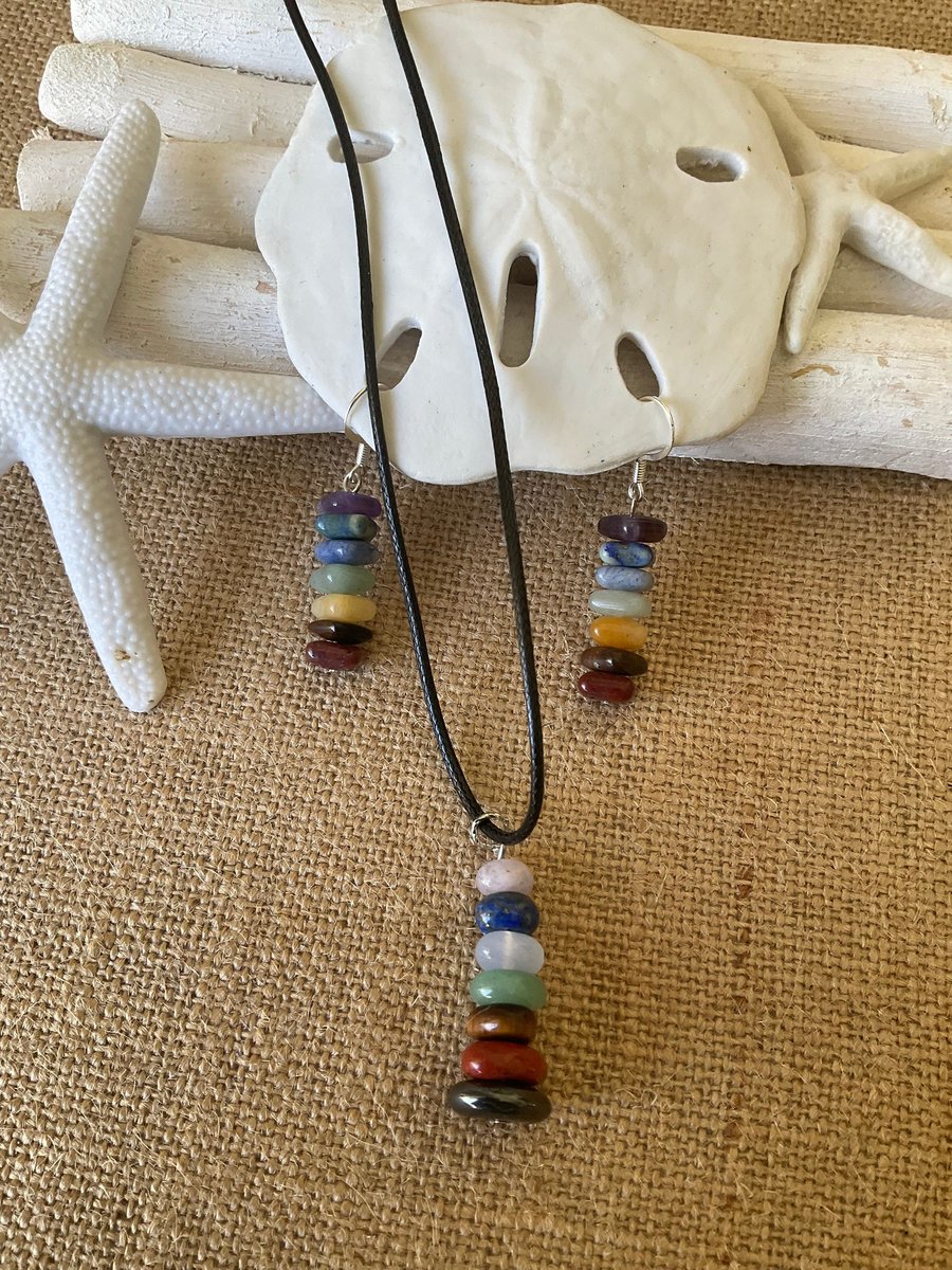Chakra healing gemstone necklace and earring set. Chakra Balancing Jewelry Set.