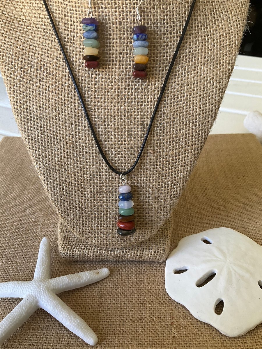 Chakra healing gemstone necklace and earring set. Chakra Balancing Jewelry Set.