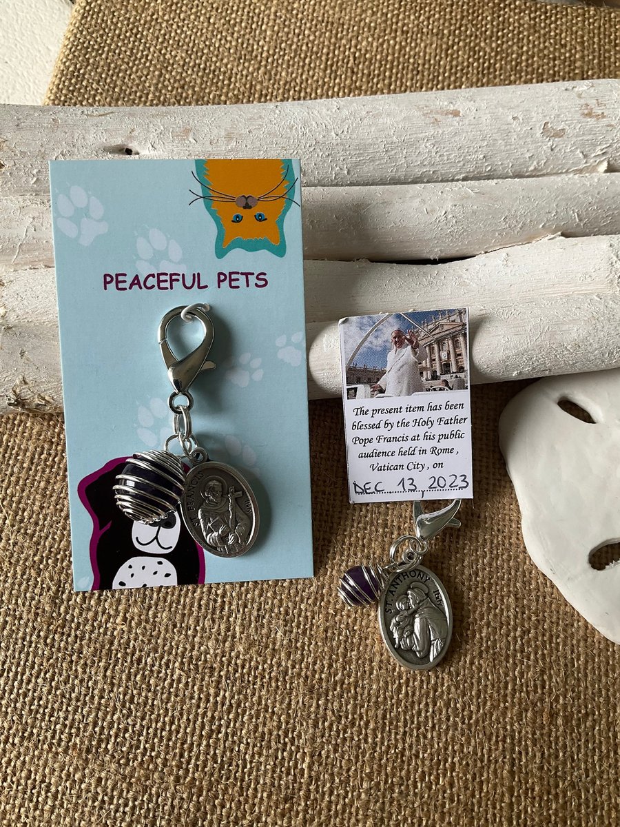 Healing Pet Collar Charm with Amethyst and St. Anthony, St. Francis Medals for Protection - Purse & Zipper Charm