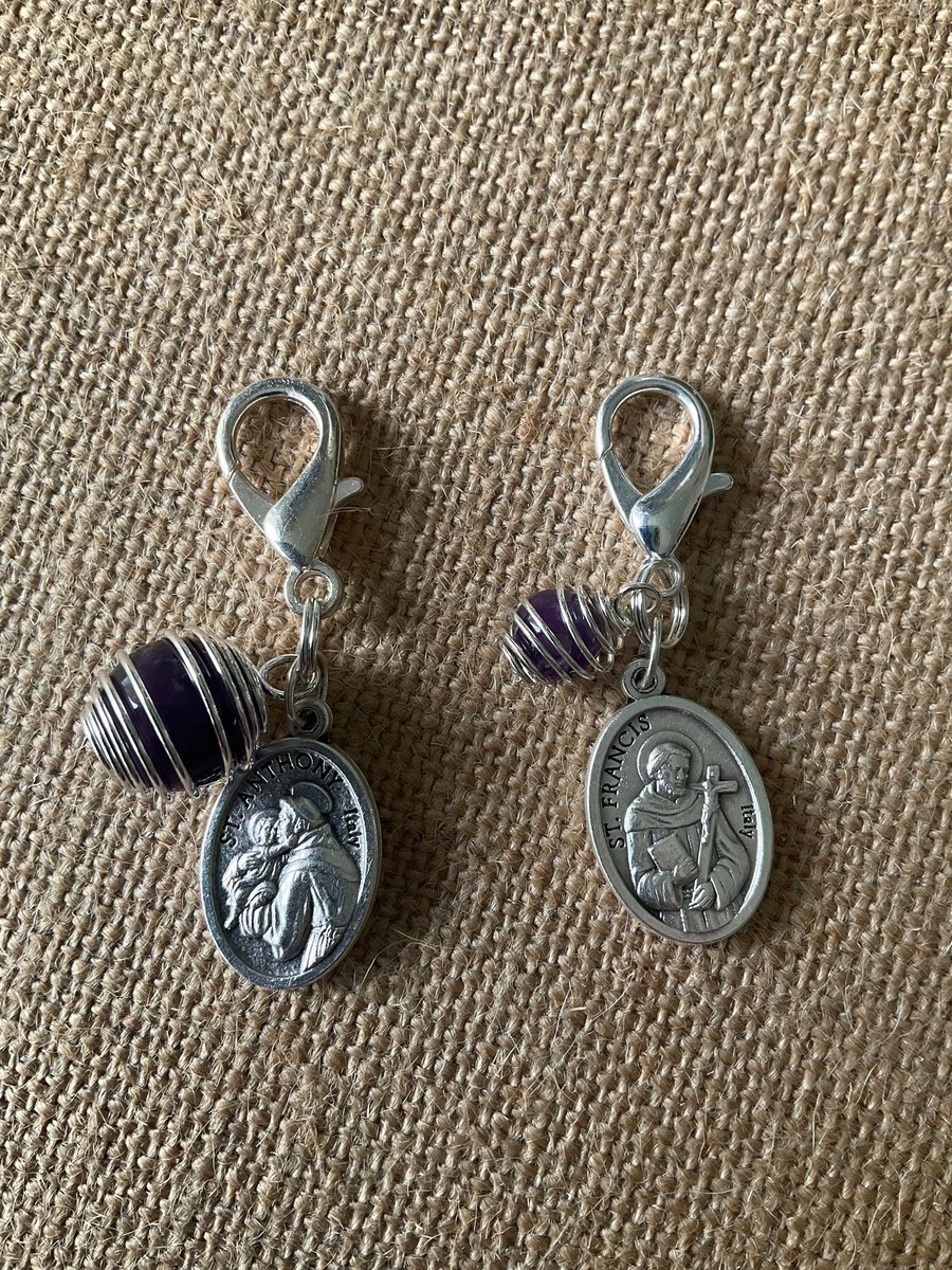 Healing Pet Collar Charm with Amethyst and St. Anthony, St. Francis Medals for Protection - Purse & Zipper Charm