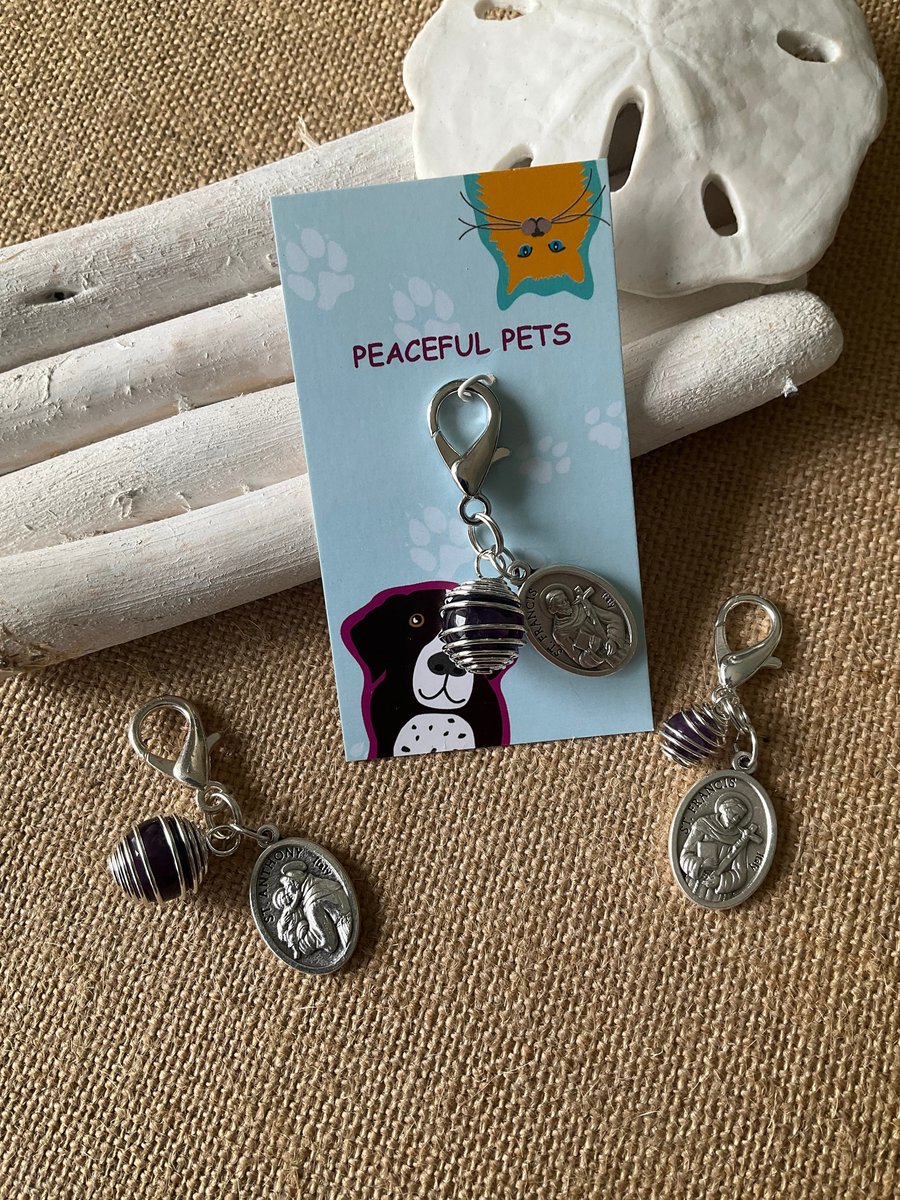 Healing Pet Collar Charm with Amethyst and St. Anthony, St. Francis Medals for Protection - Purse & Zipper Charm