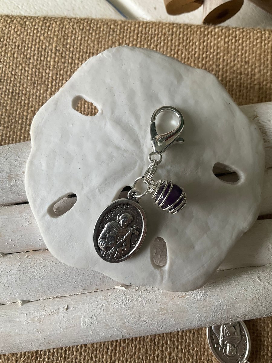 Healing Pet Collar Charm with Amethyst and St. Anthony, St. Francis Medals for Protection - Purse & Zipper Charm