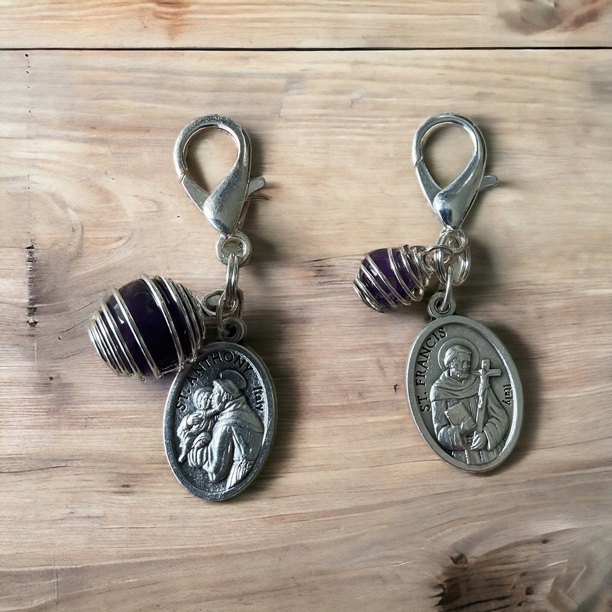 Healing Pet Collar Charm with Amethyst and St. Anthony, St. Francis Medals for Protection - Purse & Zipper Charm