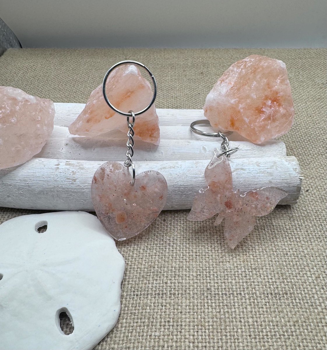 Himalayan Salt Heart and Butterfly Keychain | Healing Crystal Accessory | Natural Minerals for Relaxation & Wellness