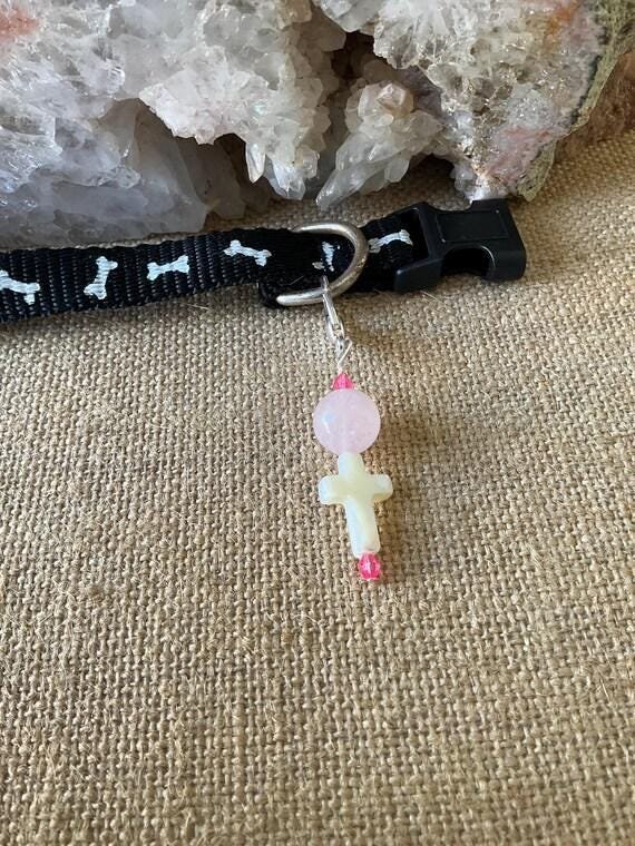 Pet Collar Charm - Rose Quartz Cross Charm, Spiritual Gemstone Accessory ,Unique Gift for Pet Lovers