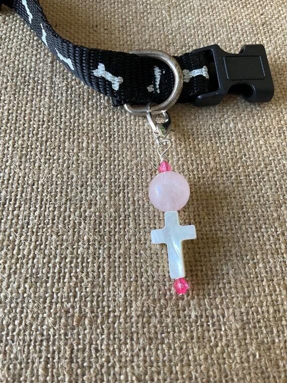 Pet Collar Charm - Rose Quartz Cross Charm, Spiritual Gemstone Accessory ,Unique Gift for Pet Lovers