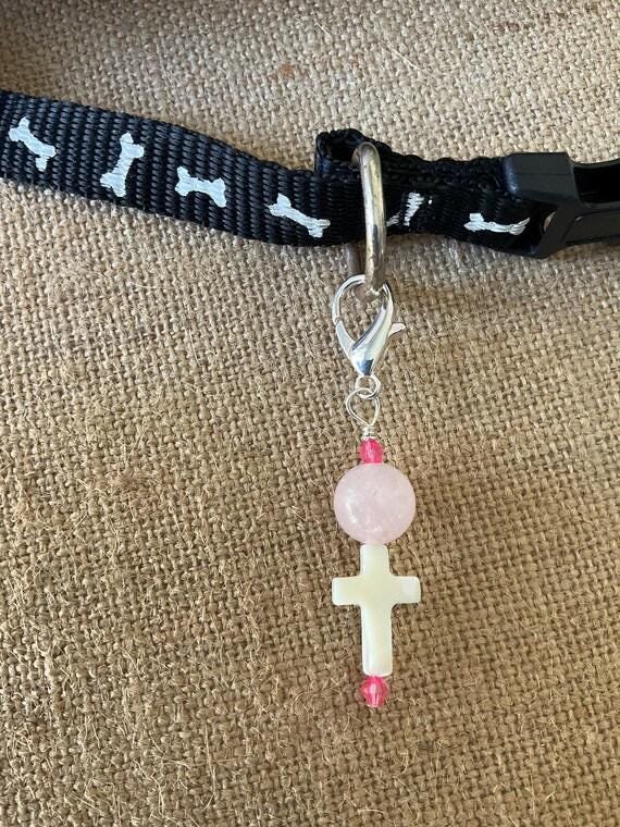 Pet Collar Charm - Rose Quartz Cross Charm, Spiritual Gemstone Accessory ,Unique Gift for Pet Lovers