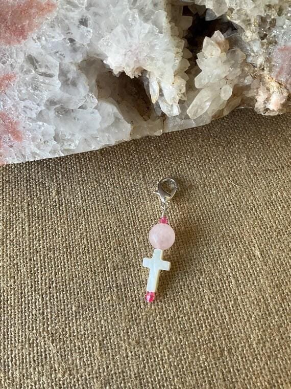Pet Collar Charm - Rose Quartz Cross Charm, Spiritual Gemstone Accessory ,Unique Gift for Pet Lovers