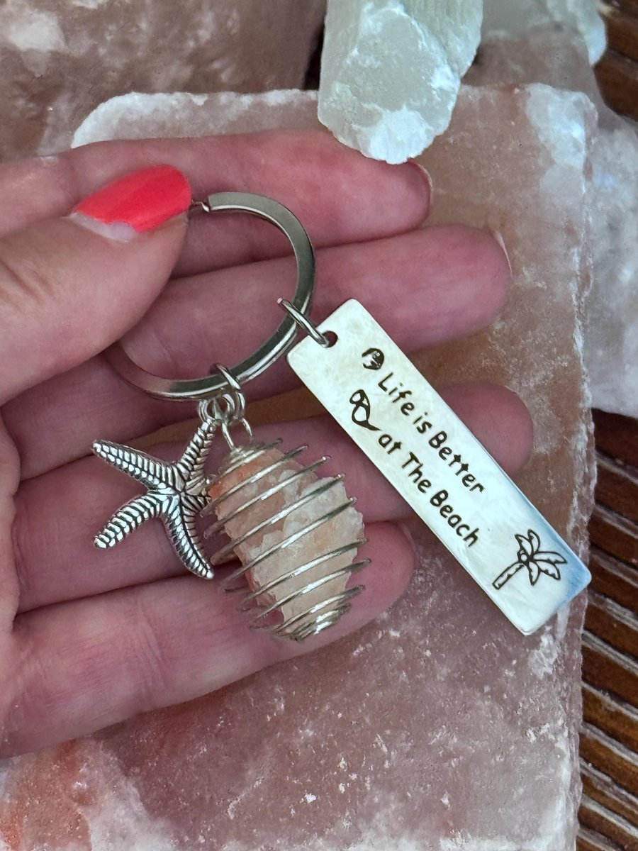 Himalayan Salt Protection Keychain with Starfish and Beach Quote | Beach Themed Car Keychain for Purification and Good Vibes