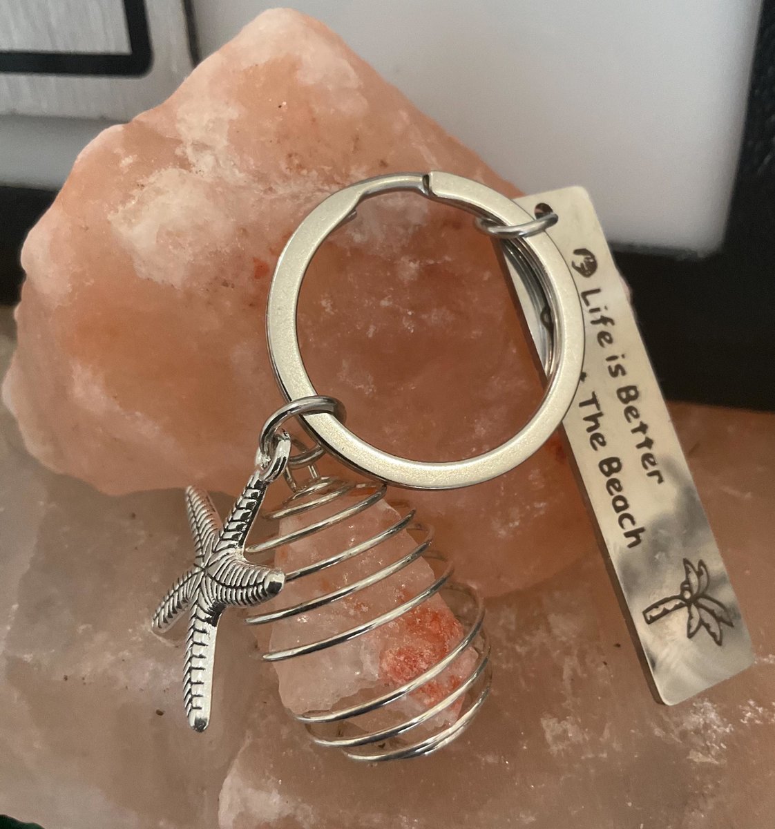 Himalayan Salt Protection Keychain with Starfish and Beach Quote | Beach Themed Car Keychain for Purification and Good Vibes