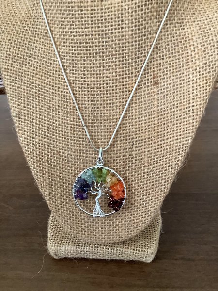 Chakra Stones Tree Of Life on 18 inch silver chain./Healing gemstones, chakra jewelry, chakra healing stones, chakra pendant.
