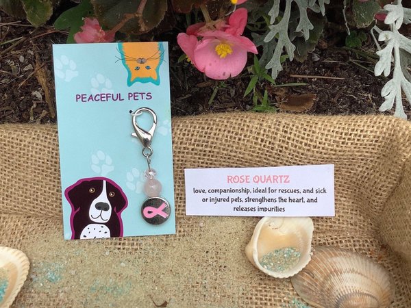 Rose Quartz healing gemstone pet collar charm.  Helps pet with love,and companionship. Ideal for rescues, and sick or injured animals.