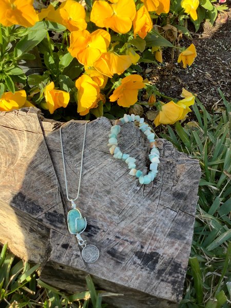 Amazonite healing gemstone necklace, pendant with matching Amazonite chip bracelet