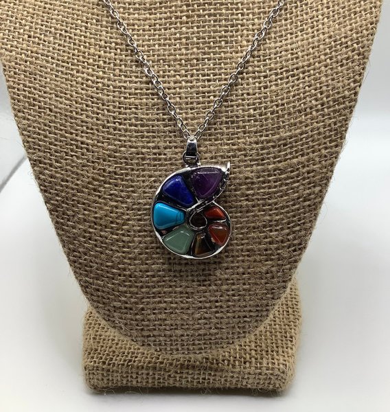 Healing chakra stone nautical shell necklace,pendant, with a 28” silver chain along with a 20-22” adjustable black cord.