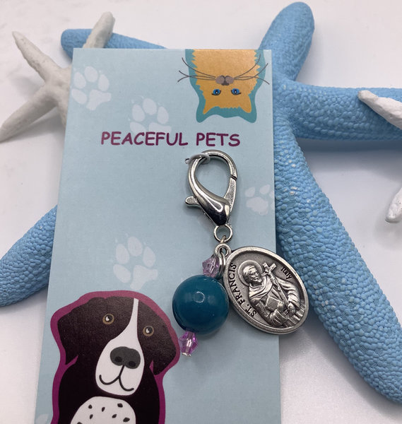 Healing pet charm for collar,Chrysocolla gemstone and St. Francis of Assisi charm, pet collar charm, purse pull,zipper pull.