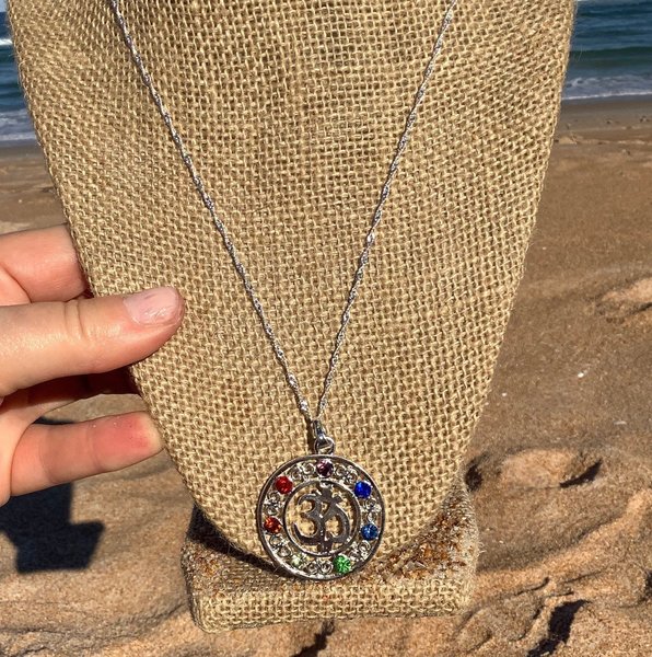 Om pendant with classy chakra rhinestones. Yoga necklace, yoga pendant.