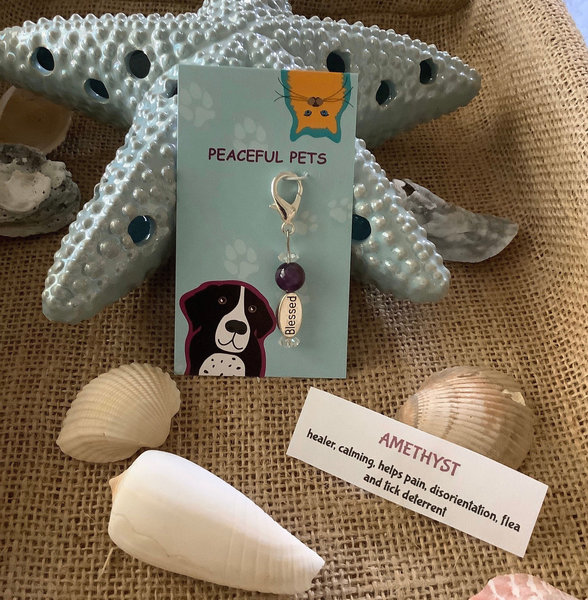 Amethyst Healing Gemstone Pet Collar Charm - Blessed Anti-Bark Flea Tick Deterrent for Dogs & Cats, Pain Relief