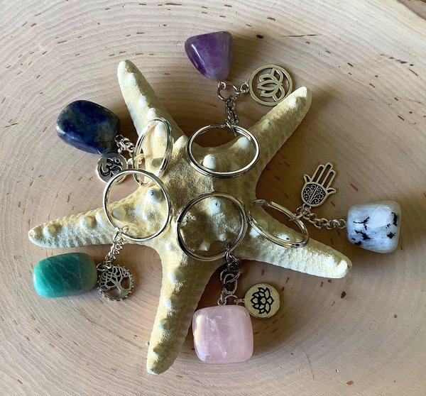Gemstone Crystal Keychain with Charm,Backpack Crystal Accessory,Healing Gemstone Keyring, Purse or Zipper Pull.