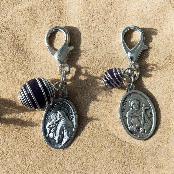 Healing Pet Collar Charm with Amethyst and St. Anthony, St. Francis Medals for Protection - Purse & Zipper Charm