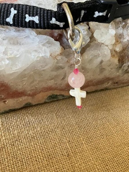 Pet Collar Charm - Rose Quartz Cross Charm, Spiritual Gemstone Accessory ,Unique Gift for Pet Lovers